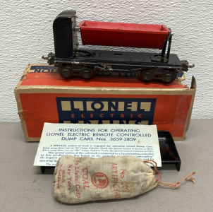 Lionel Train Corp. Remote Control Dump Car #3659 W/ Coal Load, Tray, Instructions, And Box 1939-1942