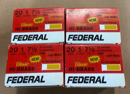 (100) Shells of 20 Guage Federal 2 3/4” High Brass 7 1/2 Lead Shot