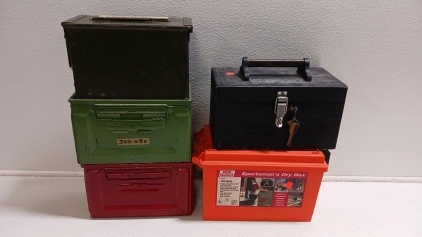 3) Ammo Cans, (1) Sportsmans Drybox, and Latched Wood Lockbox