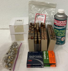 Box Of Reloading Equipment Including (32) Rnds 9.3X74R, (74) Cartridge Cases, (91) Primers, & Gun Cleaning Patches