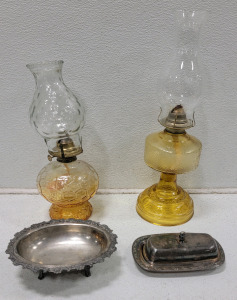 (2)Vintage Tarnished Silver Serving Dishes (2) Vintage Oil Lamps