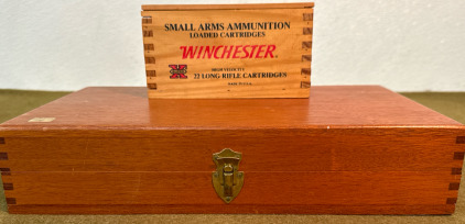 Winchester Wood Ammo Box & Velour Lined Wood Revolver Case