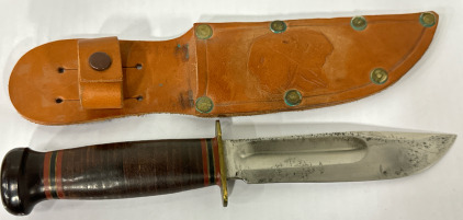 Vintage Marbles Gladstone Hunting Knife w/ 5” Blade & Leather Sheath