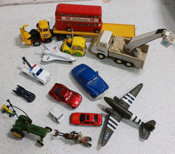 (1) Diecast Mack Truck w/ Bed (1) Tonka Bell System Truck w/ Cherry Picker (1) The London Standard Double Decker Bus and More!