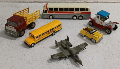 (1) Marx Metal Toy (1) ToySmith School Bus (1) Trailways Bus (1) Japanese Toy Car and More!