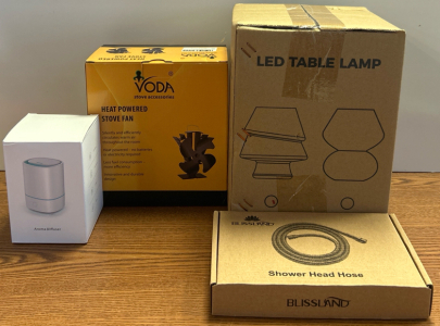 Heat Powered Stove Fan, Aroma Diffuser, Shower Head Hose, And Led Table Lamp