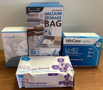 U-40 Insulin Syringes, Aneroid Sohygmomanometer, Vinyl Exam Gloves, And Vaccum Stoage Bag