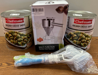 Golden Cheese Sauce, Stainless Steel Separator, And Dish Brushes