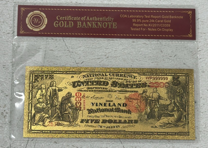 1875 $5 Vineland National Bank Gold Banknote W/ COA