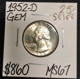 1952-D MS67 Gem Silver Washington Quarter