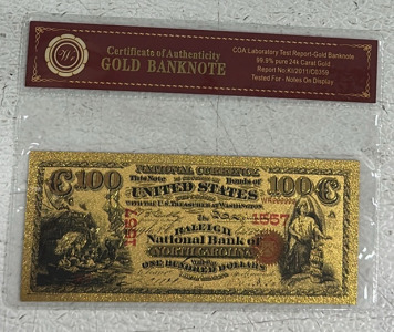 1882 99% Pure 24K Carat Gold National Currency Banknote W/ COA