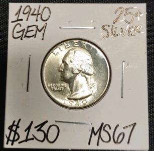 1940 MS67 Gem Silver Washington Quarter