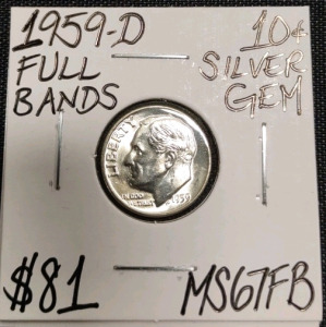 1959-D MS67FB Full Bands Gem Silver Dime