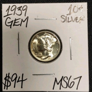 1939 MS67 Gem Silver Mercury Dime