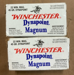 (100) Rounds of .22 Winchester Magnum 45 Grain Dynapoint