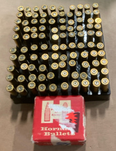 (23) Rounds of .22 Remington Hornet 45 Grain Hollow Point (122) Empty Casings of .22 Remington Hornet (100) .22 Caliber 50 Grain SX Hornady Bullets