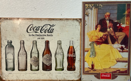 (2) Vintage Coca-Cola Signs, Bottle Design Timeline & Normal Rockwell Print