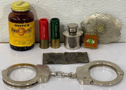 Vintage Silver Tone Belt Buckle, Smith & Wesson Handcuffs (No Keys), Shotgun Shell Salt & Pepper Shakers & More