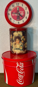 (2) Collectible Coca-Cola Tins (1) Coca-Cola Small Wall Clock