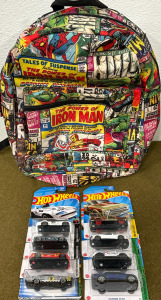 (8) Hot Wheels & (1) Marvel Comic Themed Backpack
