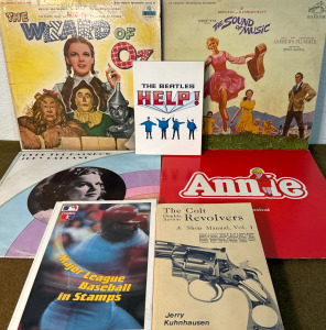 (4) LP Records: The Wizard Of Oz, The Sound Of Music, Annie & Just Garland &ldquo;Over The Rainbow&rdquo; Single, The Beatles &ldquo;HELP!&rdquo; 2-Disc CD Set, MLB Stamp Collectors Book (Partially Filled & Thr Double Action Revolvers Manual Vol. 1