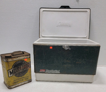 Vintage Large Metal Coleman Cooler & Motor Oil Can