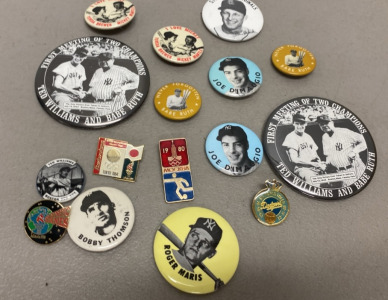 (16) Vintage Collectible Pins, (2) Blue Joe Dimaggio Pins (2) Large Black and white Ted Williams and Babe Ruth Pins, and more Various Pins