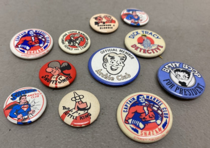 (11) Vintage Collectible Pins Such as (1) Blue Betty Boop For President Pin (2) Captain Marvel Club Shazam Pin, and more