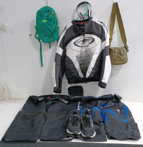 (1) Teknic Motorcycle Jacket 'Size USA 44' (2) XL Motorcycle Pants 'Twisted & 'Dye' (1) REI Backpack (1) Canteen w/ Shoulder Strap Carrier (1) Nike Downshifter Size 10 Shoes (1) AirPhones Over the Head Earphones w/ Hardcase & 3.5mm Cord (1) Corona Extra L