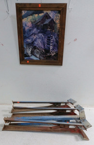 (2) Set Of Metal Legs for Saw Horses (functional) (1) 20" x 24" Cabin in the Woods on Cliff Wall Decor
