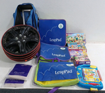(1) Hikers Backpack (4) Standard Size Hub Caps Red/Black (4) Leapfrog Lead Pad Laerning System (4) Lego Kits (3) High Waisted Shaper Panty