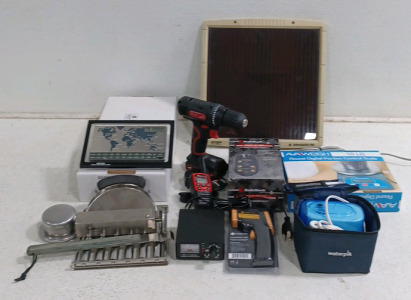 (1) BatterySaver Pro Solar Panel 1SQFT (1) Hyper Tough Drill (1) Waterpik Flossing System (1) Etekcity Lasergrip 774 Infrared Thermometer (1) Avaweigh 10lb Capacity Commercial Digital Scale (1) Tattoo Power Supply (1) Seiko World Time Voice Alarm and Mor