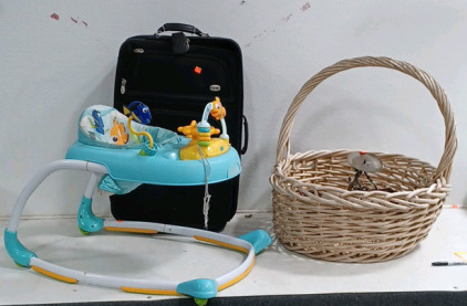 (1) Giant Wicker Basket (1) Infant Bouncing Play Chair (1) Ascot Suitcase (1) Tabletop Basket (1) Candle Holder