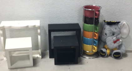 (2) Black & White Shelving (1) Stuffed Animal (1) 6 Mug Holder