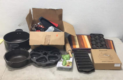 (1) ProFreshionals Spiral Veggie Slicer (1) Heart Shaped Muffin Tray (1) Cooking Pot (1) Dough Roller & More