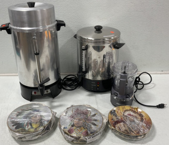 (2) Industrial Coffee Pots, Fruit/ Veg Chopper, & (3) Sets of Native American Plates
