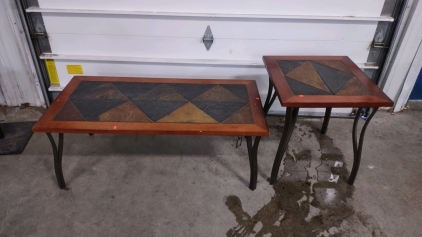 (1) 4'x2'x1'6" Wooden/ Rock Like Table & (2) 2'x1'10"x2' Wooden/ Rock Like End Table