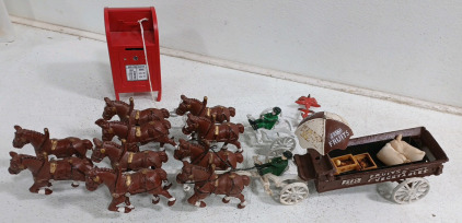 (2) Vintage Cast Iron 8 Horse Drawn Vegetable Wagon (1) Mailbox w/ Key