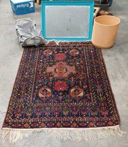 (1) Red & Blue Afghan Rug (1) Turquoise Mirror w/ Hanging Wire (1) Very Large Terracotta Pot Planter (1) Grey Soft Cat Carrier