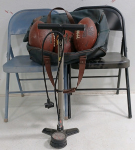 (3) NFL Wilson Footballs (1) Green Duffel/Suitcase w/ Wheels (4) Foldout Metal Chairs (1) Bell Bicycle Pump w/ Pressure Gauge