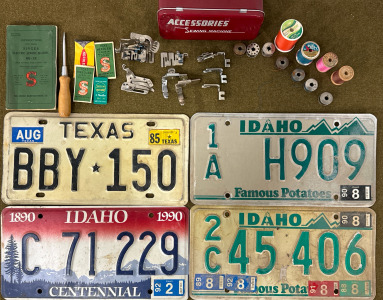 (1) Vintage Sewing Machine Accessories Kit (4) License Plates