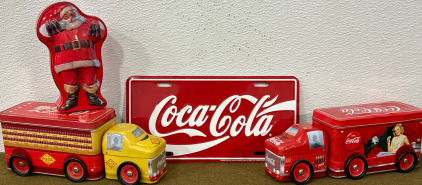 Coca-Cola Delivery Truck Tins, Santa Tin & Coca-Cola License Plate Sign