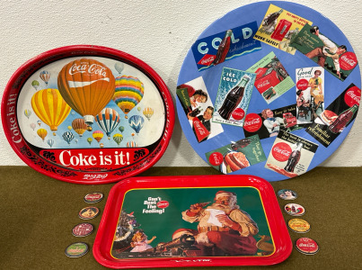 (3) Collectible Coca-Cola Trays (8) Collectible Coca-Cola Caps (Caps Are Complete Collection)