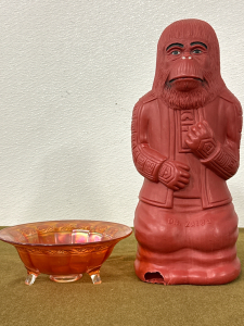 Vintage Dr. Zaius 17&rdquo; Plastic Coin Bank From Planet Of The Apes & Vintage 9&rdquo; Iridescent Peachy-Pink Carnival Glass Footed Bowl