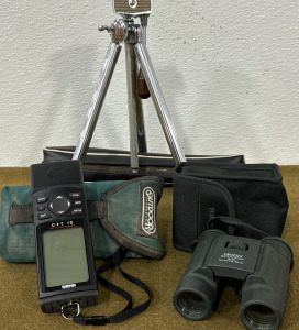 Harmon 12 Channel GPS w/ Case, Bushnell Trophy Waterproof 8x25 Binoculars w/ Case & Adjustable Metal Tripod w/ Case