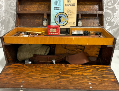 Wood Toolbox w/ Rifle & Scope Maintenance Items & Vintage NRA Rules & Patch