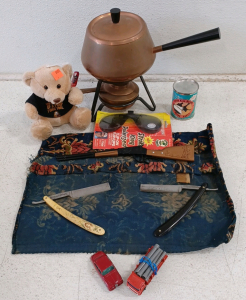 (1) Vintage Culino Fondue Pot (2) Vintage Barber Straight Razors w/ Cloth Case (2) Matchbox Cars - Pipetruck - Jaguar and More!