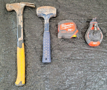 (1) Dewalt Framing Hammer, (1) Hand Sledge, (1) Milwaukee 35' Tape Measure & (1) Milwaukee Chalk Line