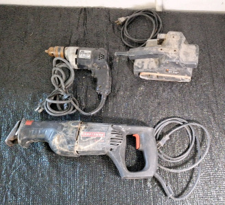(1) Craftsman Drill, (1) Craftsman Reciprocating Saw & (1) Black & Decker Belt Sander