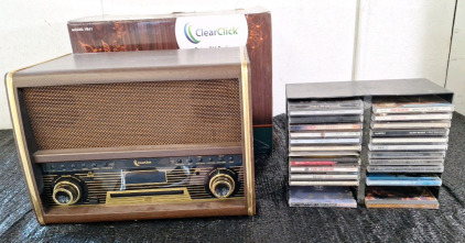 (1) Clear Click, Retro FM Radio W/CD Player - Bluetooth - Line In & Assorted CDs